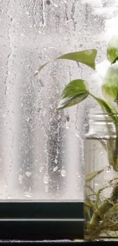 Green plant in jar by rainy window with droplets.