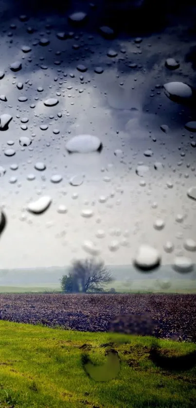 Raindrops on window, lush landscape view, cloudy sky, mobile wallpaper.