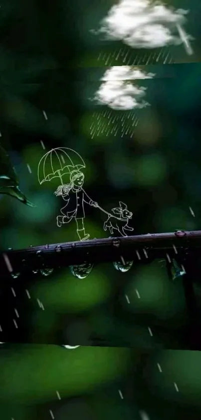 Whimsical doodle of a girl and dog under umbrella in rainy green scene.