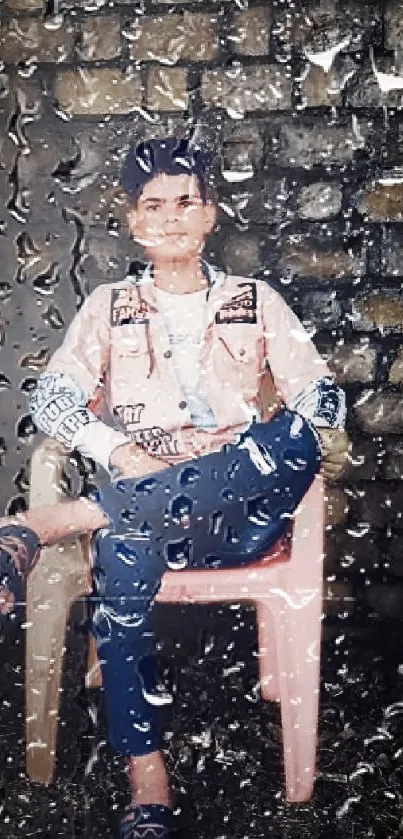 Wallpaper of a young person seen through rain-covered glass.