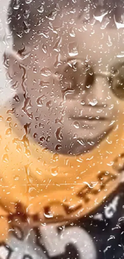 Rainy day wallpaper with child wearing sunglasses behind glass.