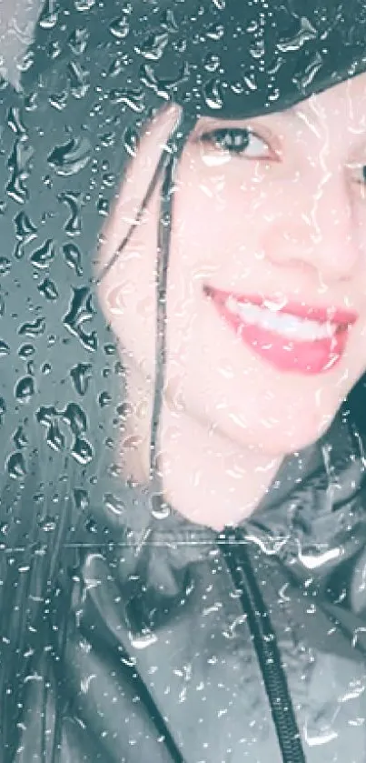 Person smiling behind a rain-speckled window creating a serene atmosphere.