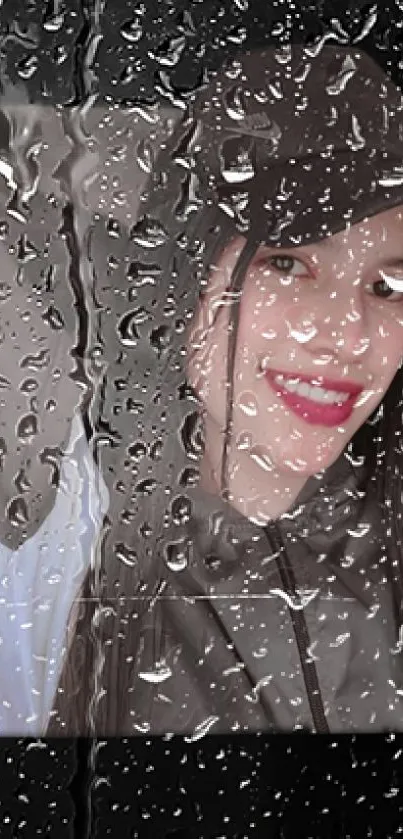 Mobile wallpaper with raindrops on window showing a serene portrait.