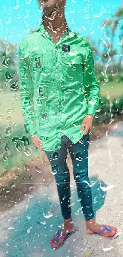 Artistic wallpaper with a rainy blur over a person in a green shirt.