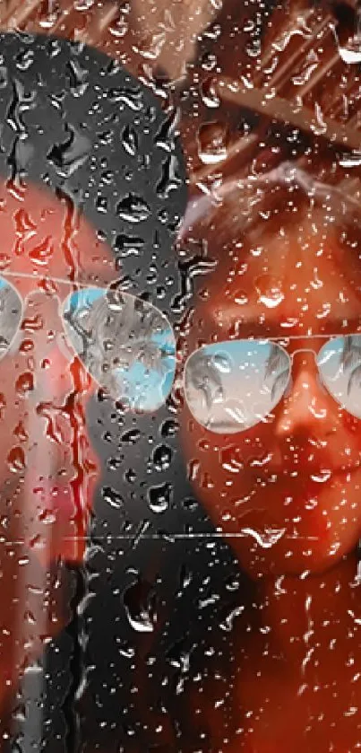 Artistic wallpaper with raindrop glass effect and sunglasses reflections.