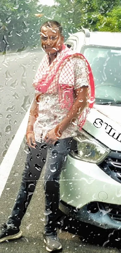 Man standing beside a car in rain, viewed through raindrop window.