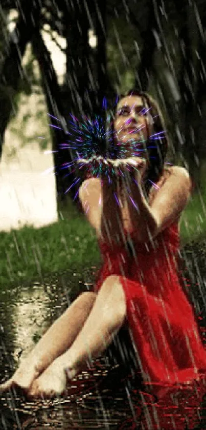 Woman in red dress sitting in rain, reflecting joy and serenity.