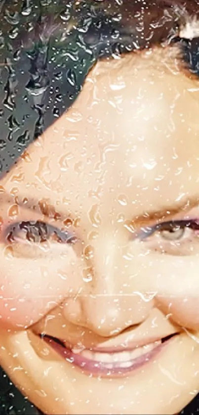 Smiling face behind rain-covered glass wallpaper.