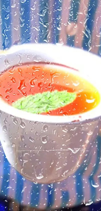 Cup of vibrant tea with green leaf in rain-covered scene.