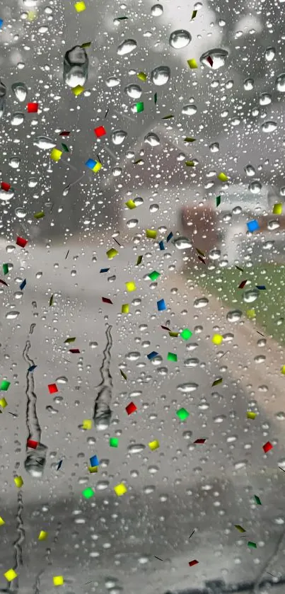 Raindrops on car window overlooking a street on a rainy day.