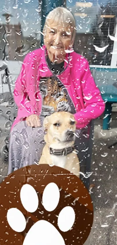 Elderly woman with dog in pink coat, rain drops on window.