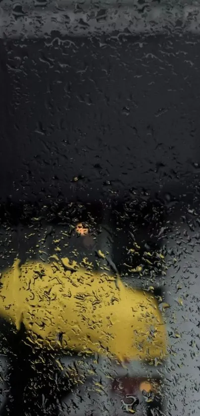 Wallpaper with raindrops on a window and blurred yellow umbrella.