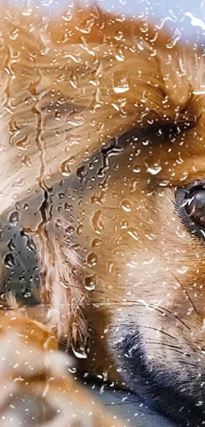 Close-up of a dog gazing through rain-drenched glass.