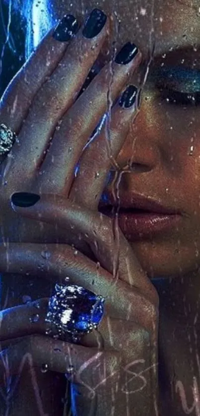 Elegant woman behind rainy glass with diamonds.