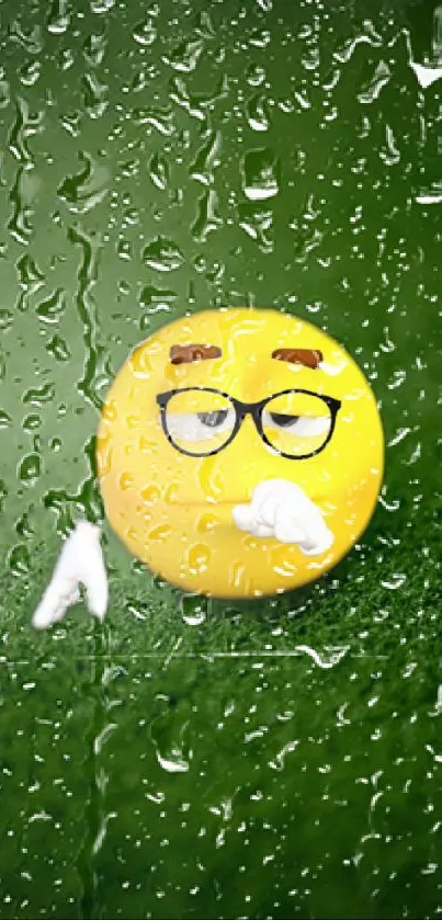 Rainy emoji with glasses on a green background, perfect for mobile wallpaper.