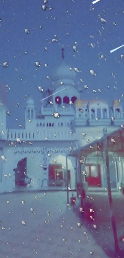 Rainy evening at a temple with raindrops on the foreground.