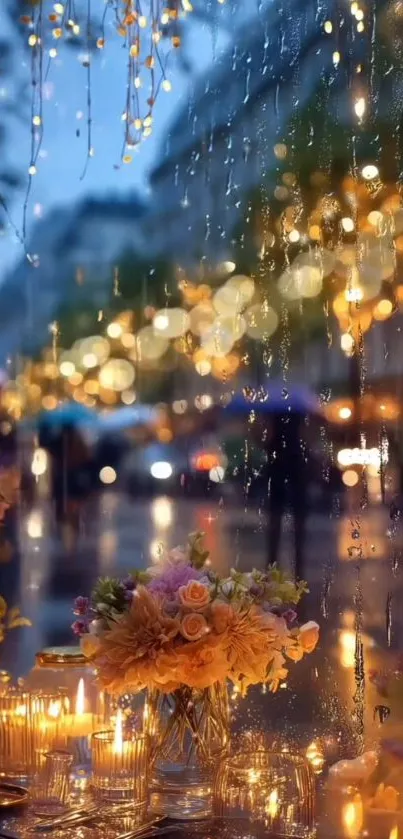 Rainy cityscape with flowers and candles.