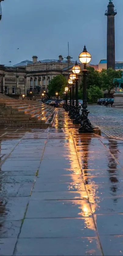 Rainy street with glowing lamppost reflections in blue-gray evening light.