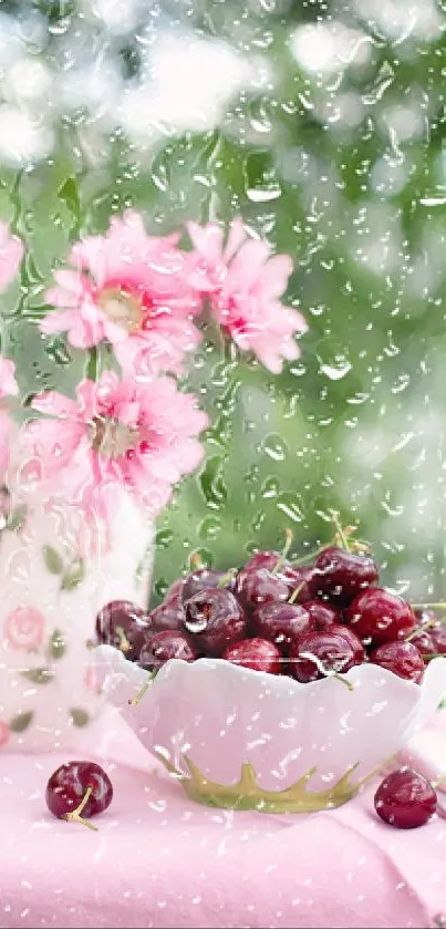 Raindrops on window with pink flowers and cherries in view.