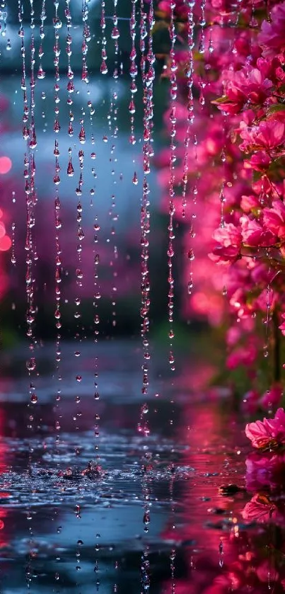 Vibrant pink flowers reflecting in rainwater.