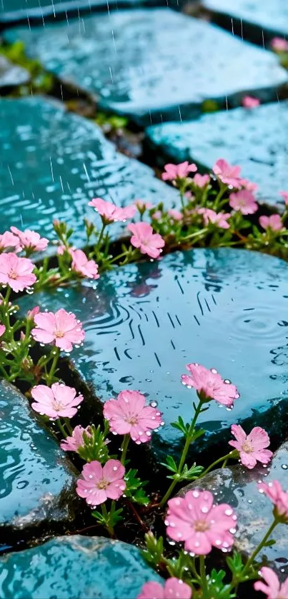 Rainy stone path with pink flowers blooming.