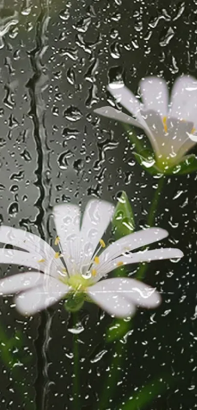 White flowers with raindrops on glass background.