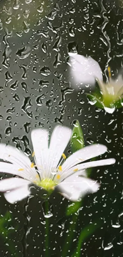 Mobile wallpaper of white flowers with rain droplets on glass.