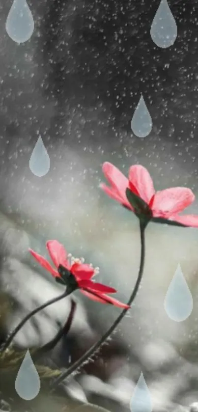 Red flowers in rain with a peaceful backdrop.