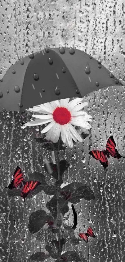 Black and white wallpaper with flower, umbrella, and red butterflies.