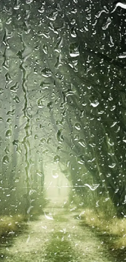 Rain drops on glass reveal a serene forest path.