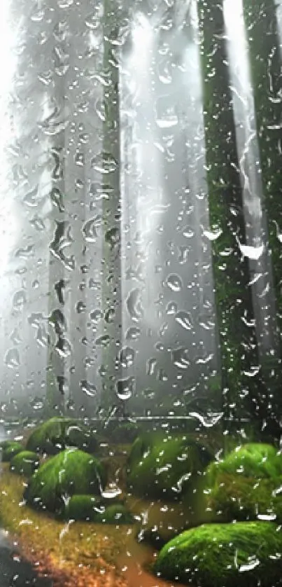 Misty forest wallpaper with raindrops on glass in green hues.