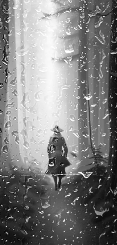 Black and white forest with rain droplets and a silhouette.