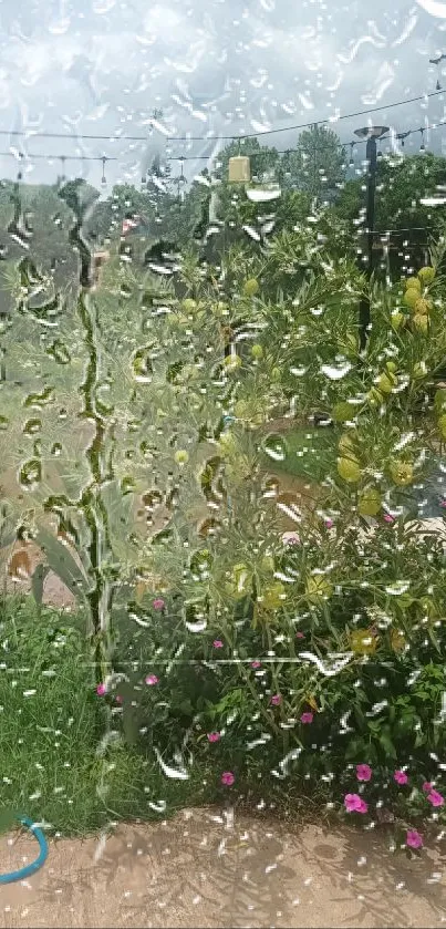 Raindrops on window with garden view.