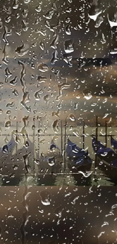 Gondolas at sunset through raindrop-covered glass.