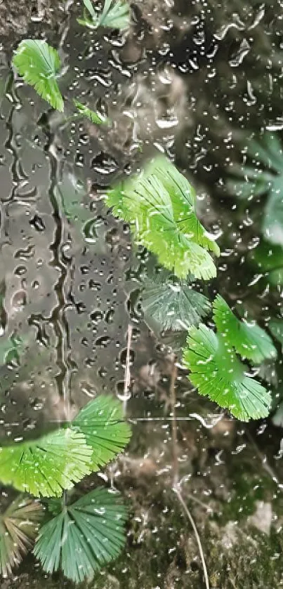 Lush green leaves with raindrops on a serene phone wallpaper.