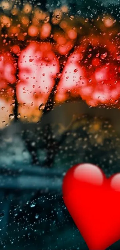 Heart and raindrops against a vibrant, red sunset on wallpaper.