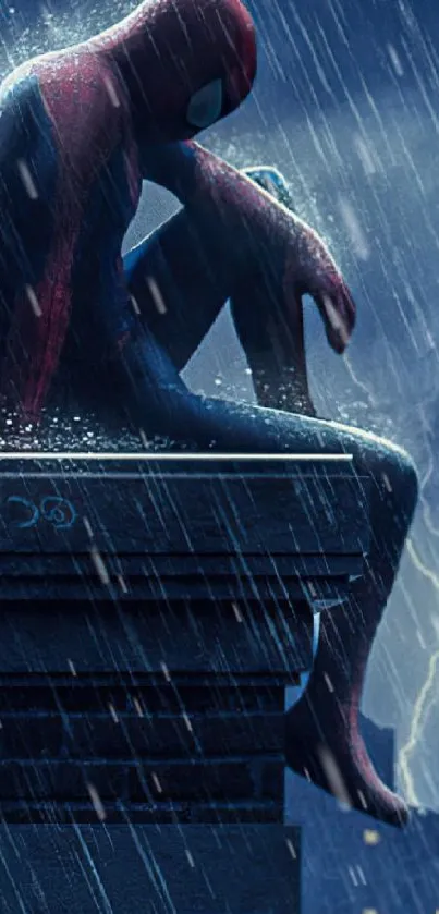 Superhero sits in rain reflecting in vibrant blue hues.