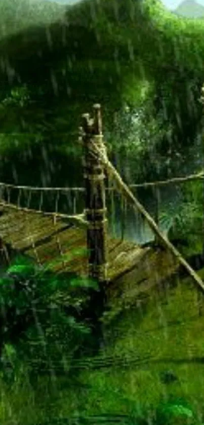 A mystical jungle bridge surrounded by lush greenery in rainy weather.