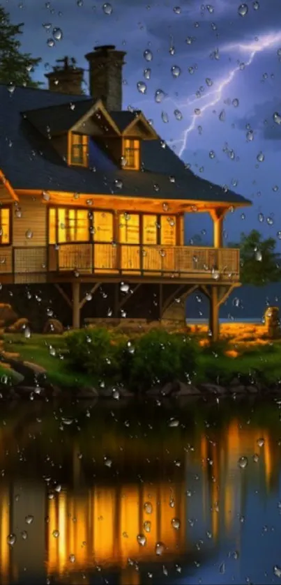 Rainy evening view of illuminated lakeside cabin with lightning.