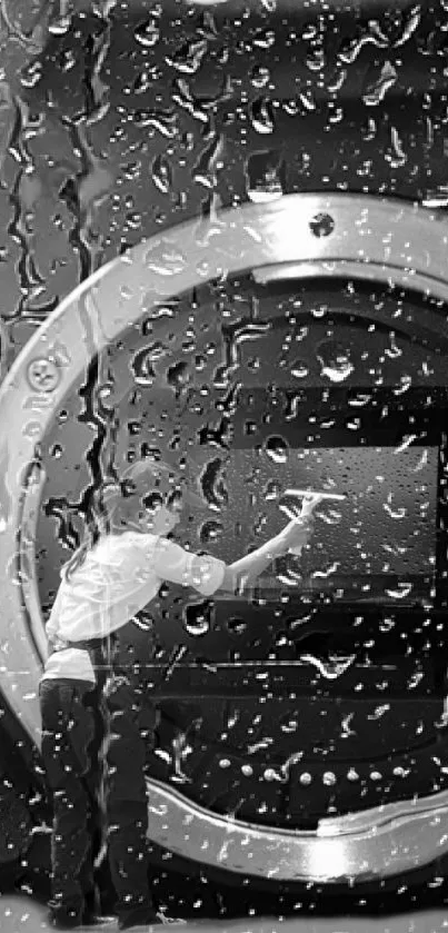 Monochrome art wallpaper with a camera lens and rain droplets.