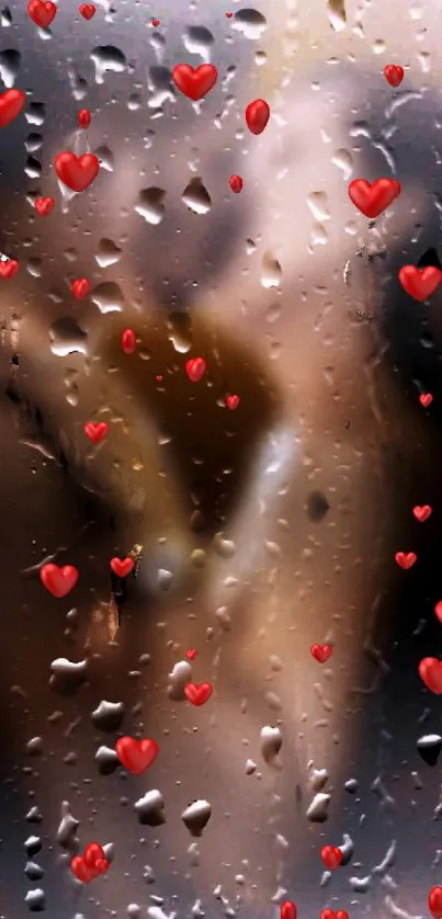 Romantic wallpaper with red hearts on rain-soaked glass.