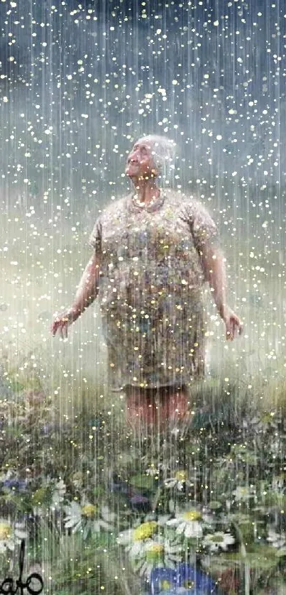 Elderly woman in rain surrounded by wildflowers in a meadow, evoking serenity.