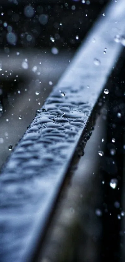 Dark blue metal surface with rain droplets.