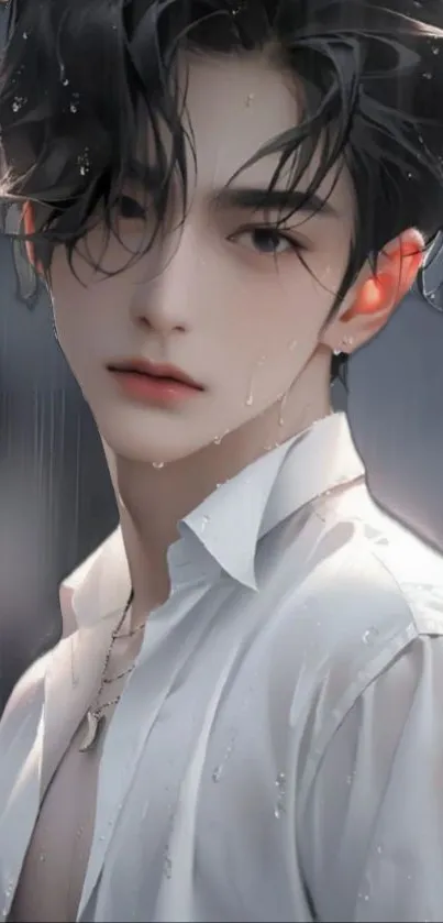 Anime character portrait with rain effect, dark hair, and white shirt.