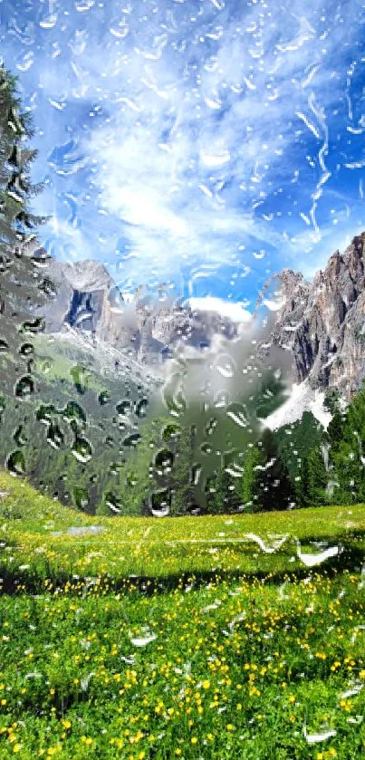 Rainy mountain landscape with raindrops on a bright summer day.