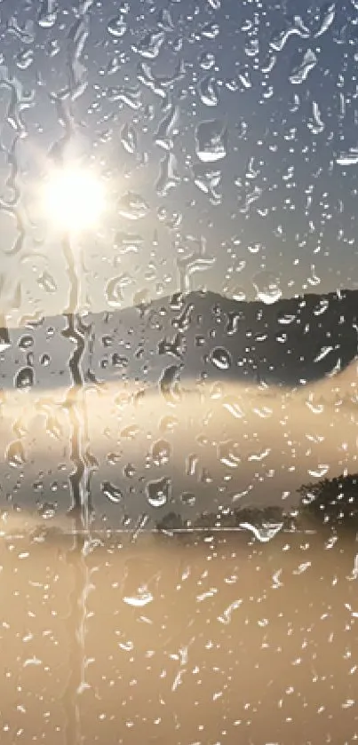 Raindrops on window with mountain and sunrise view.