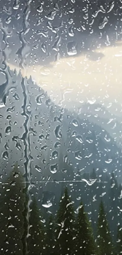 Rainy mountain view through a glass with water droplets.