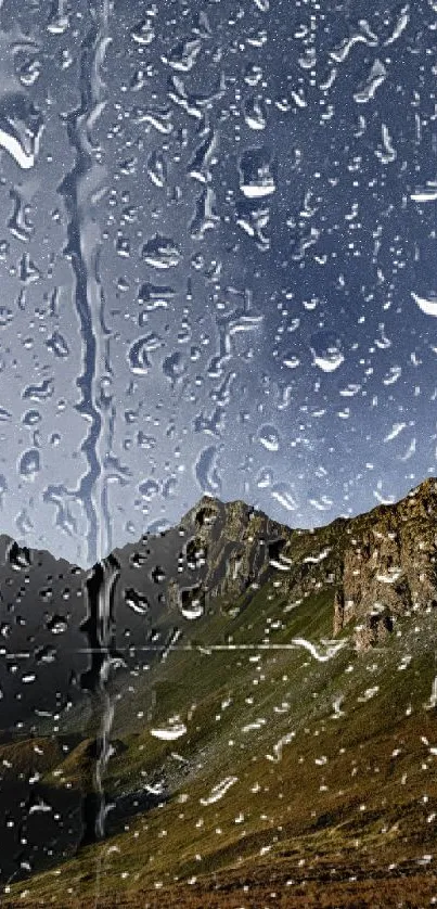 Rain-covered mountain landscape with misty background.