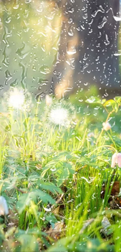 Nature wallpaper with rain on green grass and dandelions.