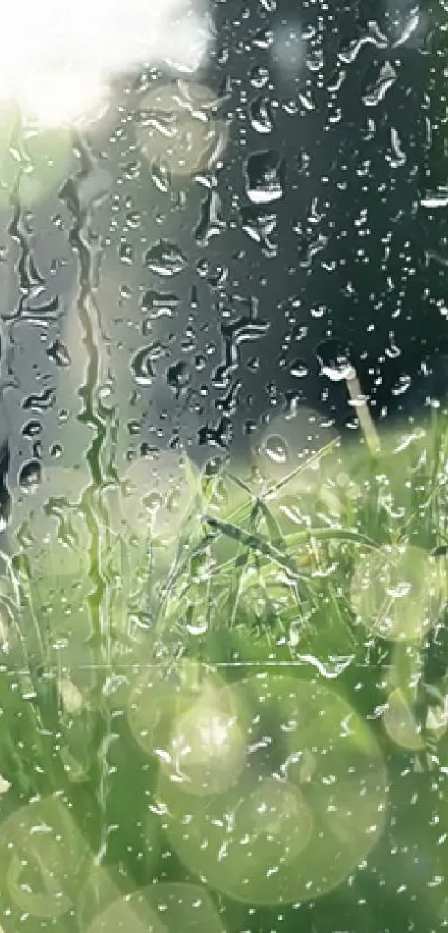 Mobile wallpaper with raindrops on grass.